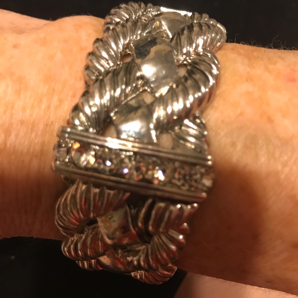 Vintage Silvertone Solid Weaved And Rhinestone St… - image 1